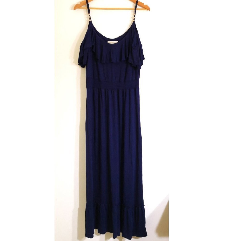 Michael Kors Women's Cold-shoulder Ruffle Stretch Maxi Dress Navy Blue Size L